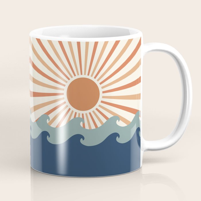Retro, Sun and Wave Art, Blue and Orange Coffee Mug Gallery Image 1