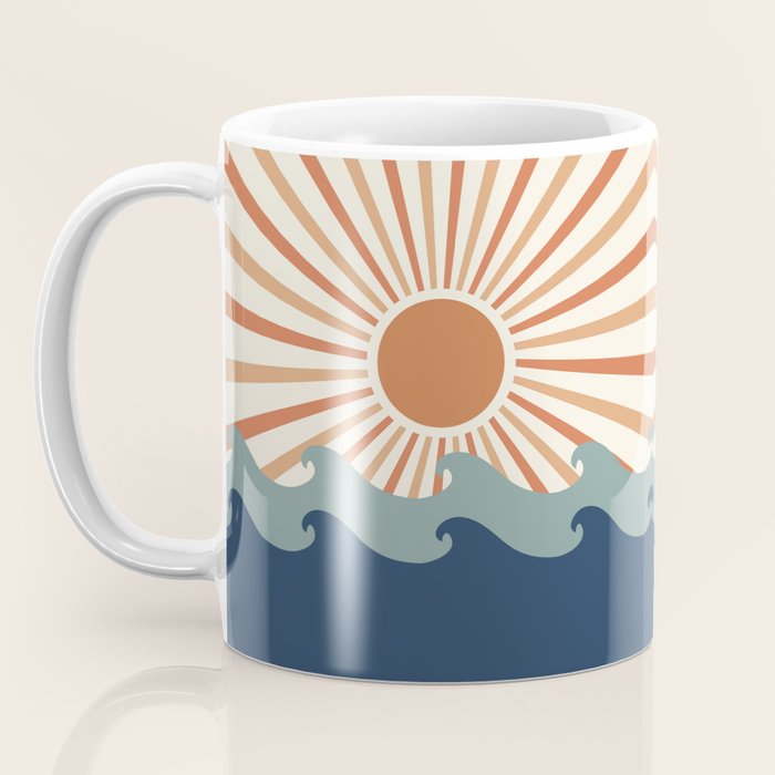 Retro, Sun and Wave Art, Blue and Orange Coffee Mug Gallery Image 3