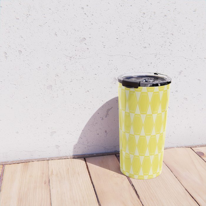 Yellow Mid Century Modernist Geometric Hexad Pattern Travel Mug Gallery Image 4