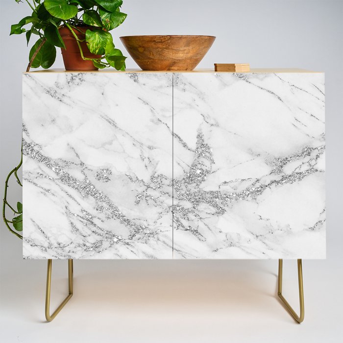 Elegant chic white gray silver glitter marble Credenza Gallery Image 1