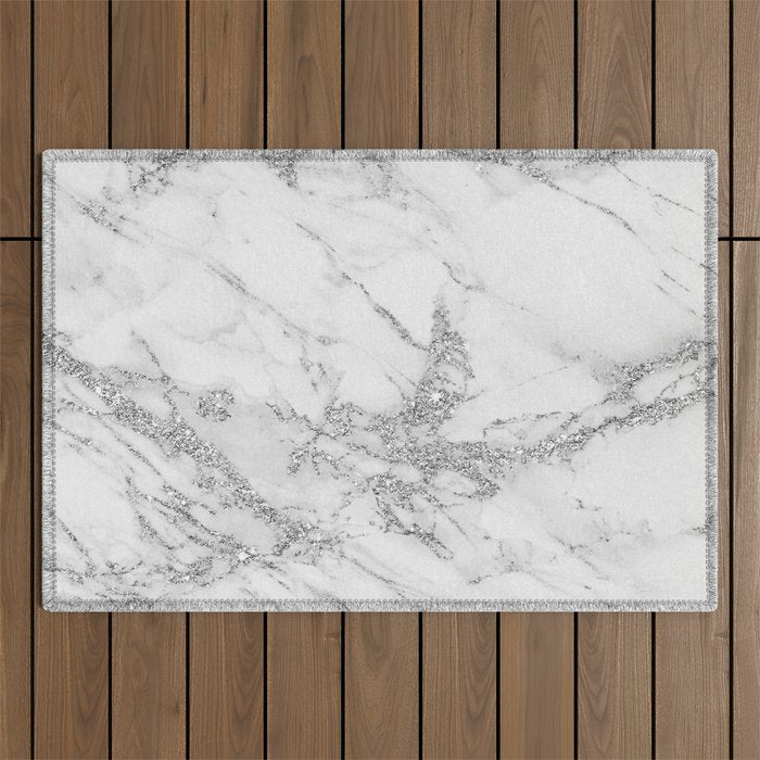 Elegant chic white gray silver glitter marble Outdoor Rug Gallery Image 1