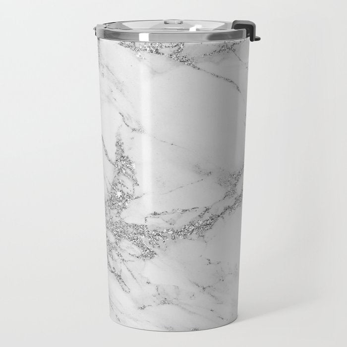 Elegant chic white gray silver glitter marble Travel Mug Gallery Image 2
