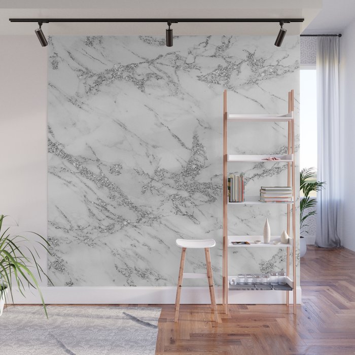 Elegant chic white gray silver glitter marble Wall Mural Gallery Image 1