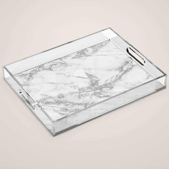 Elegant chic white gray silver glitter marble Acrylic Tray Gallery Image 1