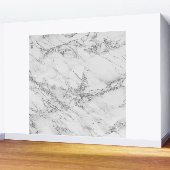 Elegant chic white gray silver glitter marble Wall Mural Gallery Image 2