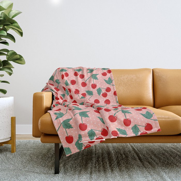 Cherry Kitsch on Pink Throw Blanket Gallery Image 1