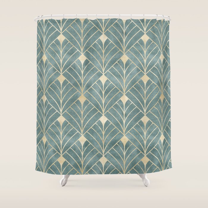 Art Deco Diamonds in Teal and Gold Shower Curtain Gallery Image 1