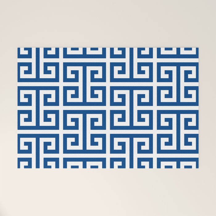 Denim Blue and White Greek Key Pattern Welcome Mat Gallery Image 1