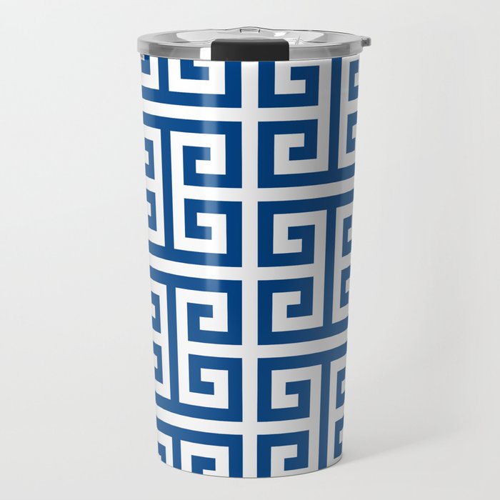 Denim Blue and White Greek Key Pattern Travel Mug Gallery Image 1
