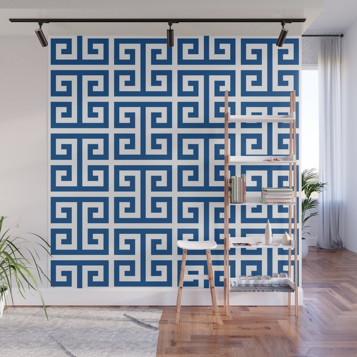 Denim Blue and White Greek Key Pattern Wall Mural Gallery Image 1