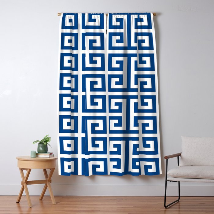Denim Blue and White Greek Key Pattern Window Curtain Gallery Image 1