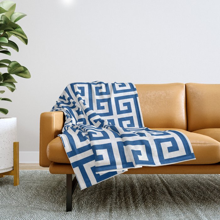 Denim Blue and White Greek Key Pattern Throw Blanket Gallery Image 1