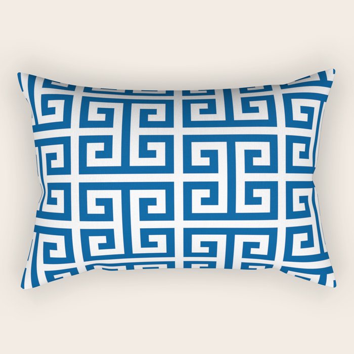 Denim Blue and White Greek Key Pattern Rectangular Pillow Gallery Image 1