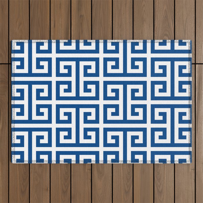 Denim Blue and White Greek Key Pattern Outdoor Rug Gallery Image 1