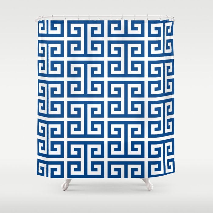 Denim Blue and White Greek Key Pattern Shower Curtain Gallery Image 1