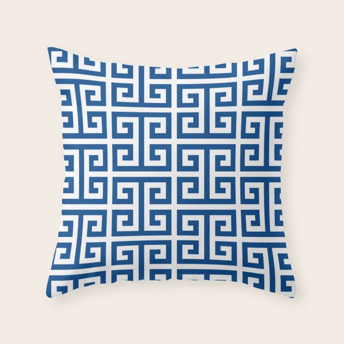 Denim Blue and White Greek Key Pattern Throw Pillow Gallery Image 1