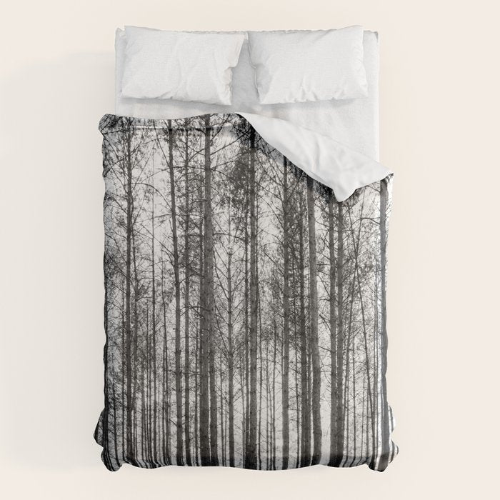 trees in forest landscape - black and white nature photography Duvet Cover Gallery Image 1
