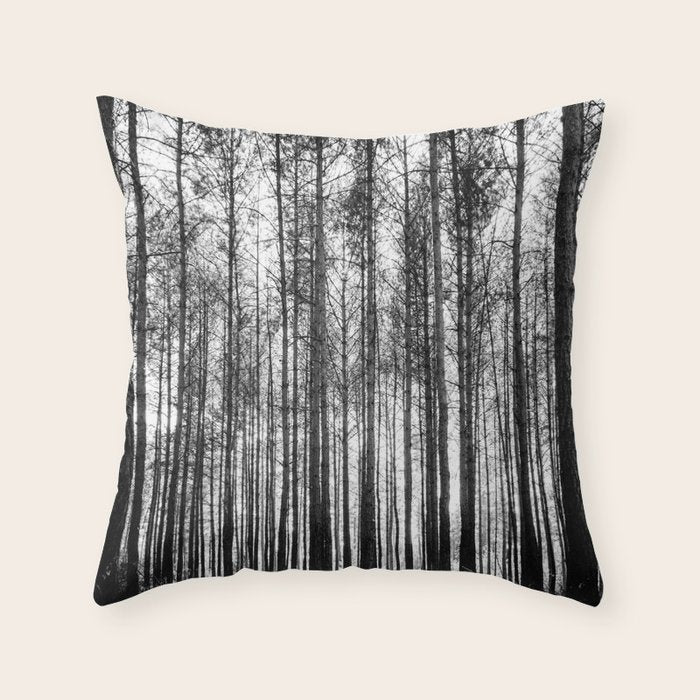 trees in forest landscape - black and white nature photography Throw Pillow Gallery Image 1