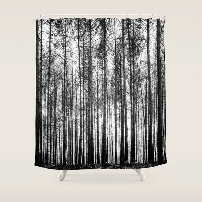 trees in forest landscape - black and white nature photography Shower Curtain Gallery Image 1
