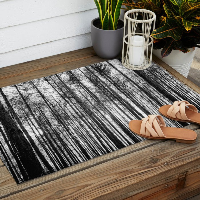 trees in forest landscape - black and white nature photography Outdoor Rug Gallery Image 2