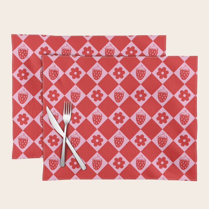 Flowers And Strawberry Pink & Red Checker Placemat Gallery Image 1