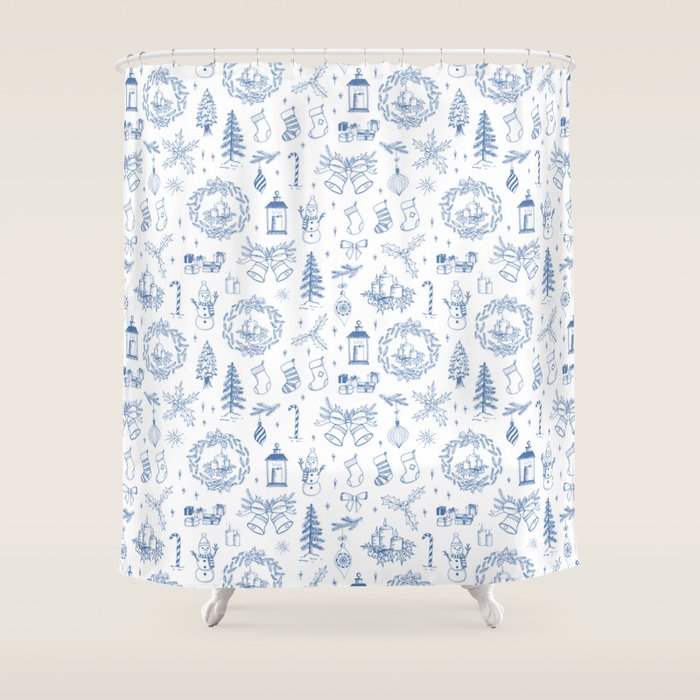 Christmas Toile // Blue & White Shower Curtain Gallery Image 1