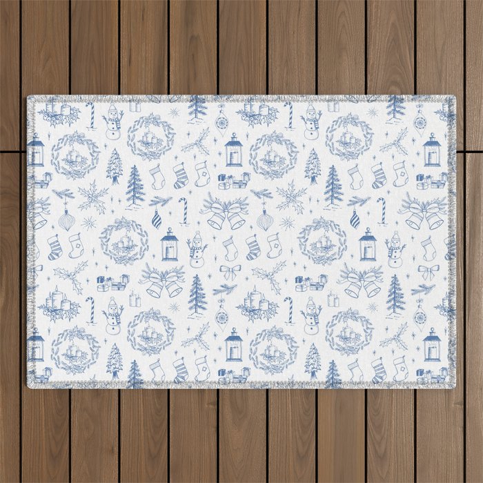 Christmas Toile // Blue & White Outdoor Rug Gallery Image 1