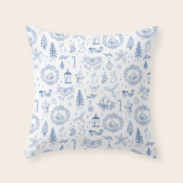 Christmas Toile // Blue & White Throw Pillow Gallery Image 6