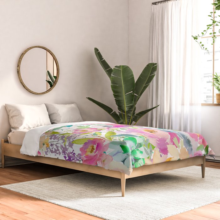 Hand painted pink lavender lilac teal watercolor elegant floral Comforter Gallery Image 2