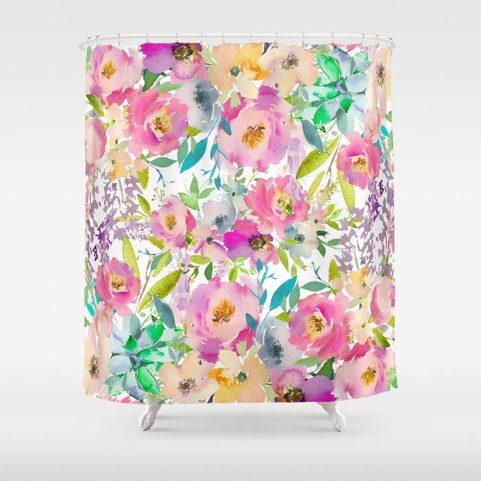 Hand painted pink lavender lilac teal watercolor elegant floral Shower Curtain Gallery Image 1