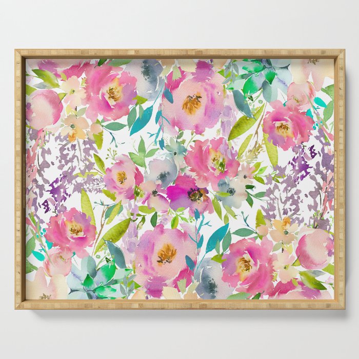 Hand painted pink lavender lilac teal watercolor elegant floral Serving Tray Gallery Image 1