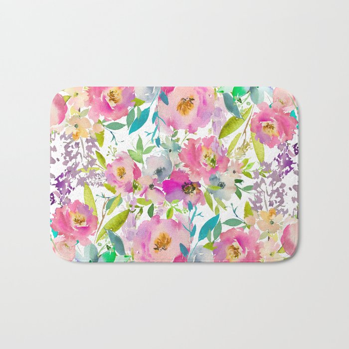 Hand painted pink lavender lilac teal watercolor elegant floral Bath Mat Gallery Image 1