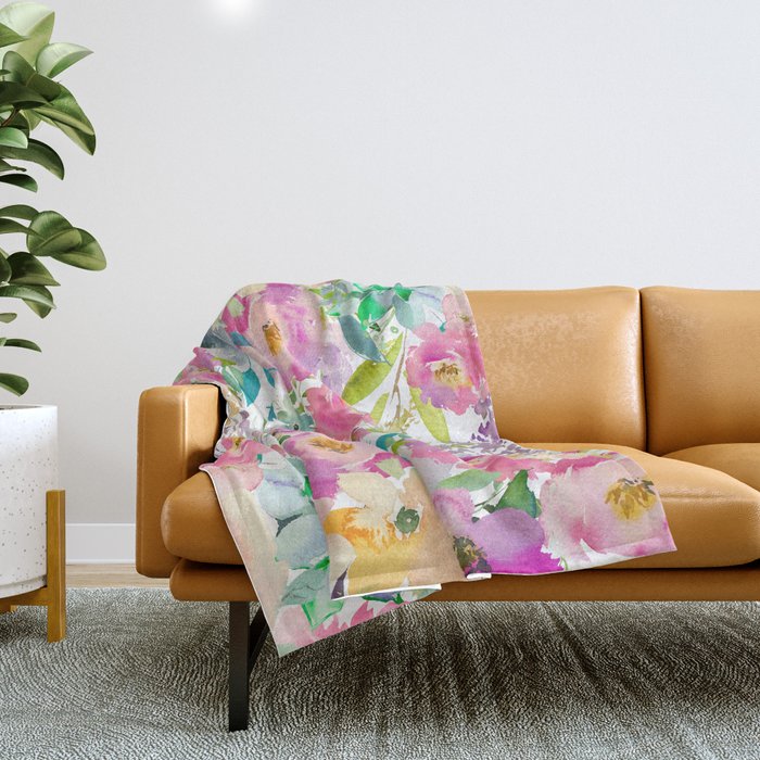 Hand painted pink lavender lilac teal watercolor elegant floral Throw Blanket Gallery Image 1