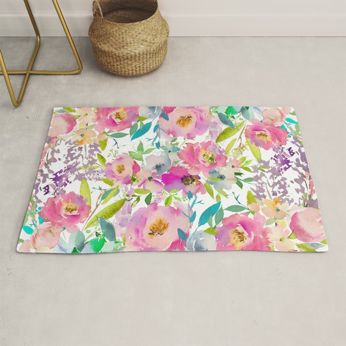 Hand painted pink lavender lilac teal watercolor elegant floral Rug Gallery Image 1