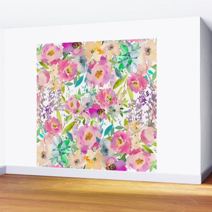 Hand painted pink lavender lilac teal watercolor elegant floral Wall Mural Gallery Image 2