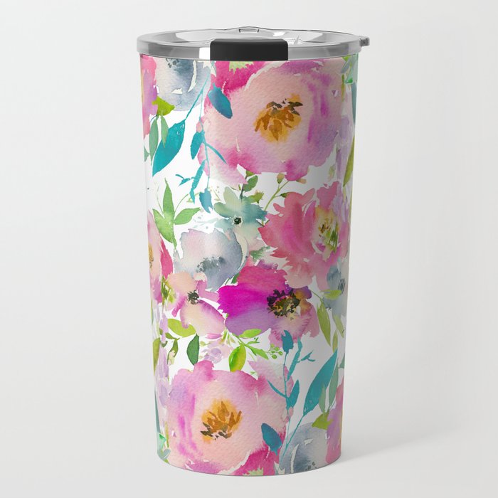 Hand painted pink lavender lilac teal watercolor elegant floral Travel Mug Gallery Image 1
