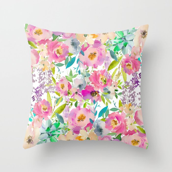 Hand painted pink lavender lilac teal watercolor elegant floral Throw Pillow Gallery Image 1