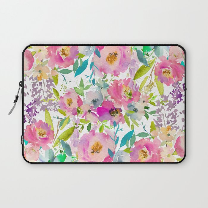 Hand painted pink lavender lilac teal watercolor elegant floral Laptop Sleeve Gallery Image 1