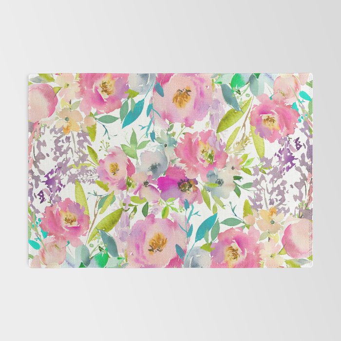 Hand painted pink lavender lilac teal watercolor elegant floral Rug Gallery Image 2
