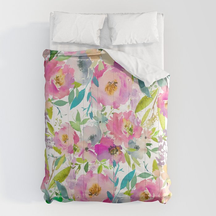 Hand painted pink lavender lilac teal watercolor elegant floral Comforter Gallery Image 6