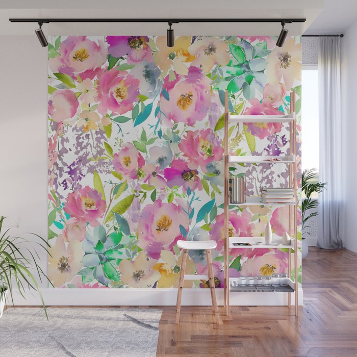 Hand painted pink lavender lilac teal watercolor elegant floral Wall Mural Gallery Image 1