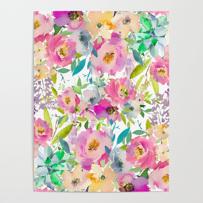 Hand painted pink lavender lilac teal watercolor elegant floral Poster Gallery Image 1