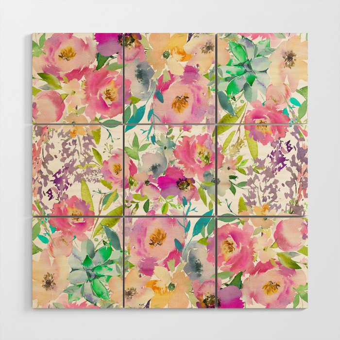 Hand painted pink lavender lilac teal watercolor elegant floral Wood Wall Art Gallery Image 1