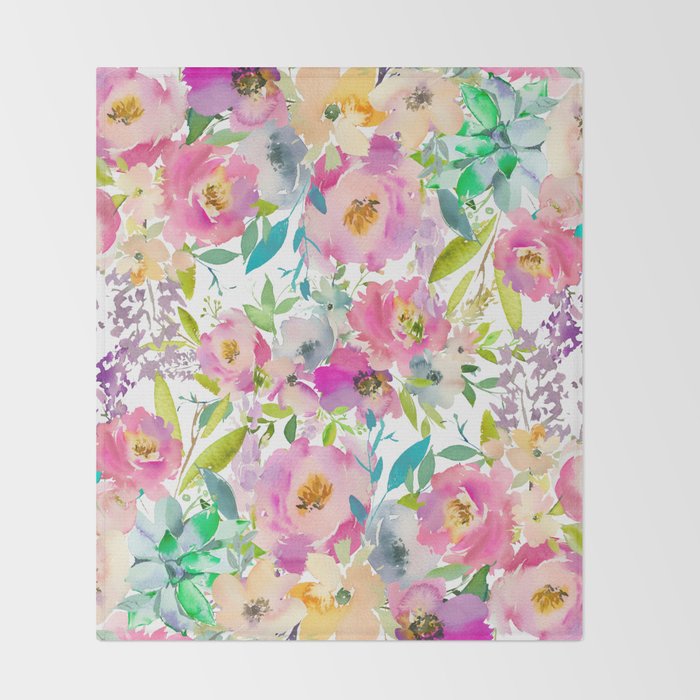 Hand painted pink lavender lilac teal watercolor elegant floral Throw Blanket Gallery Image 2