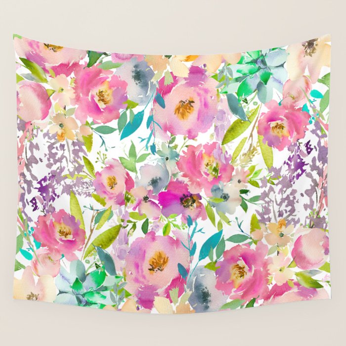 Hand painted pink lavender lilac teal watercolor elegant floral Wall Tapestry Gallery Image 4