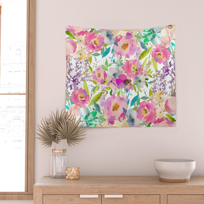 Hand painted pink lavender lilac teal watercolor elegant floral Wall Tapestry Gallery Image 2