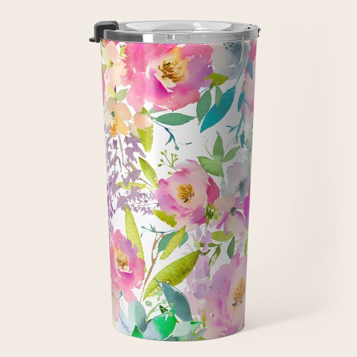 Hand painted pink lavender lilac teal watercolor elegant floral Travel Mug Gallery Image 3