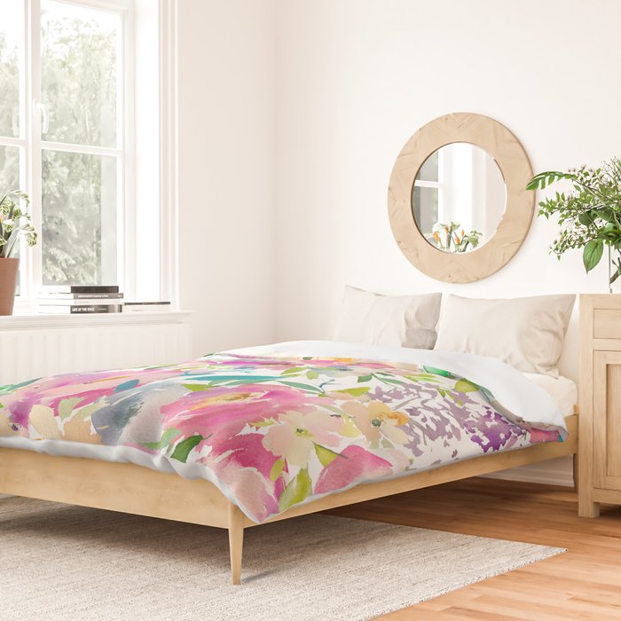 Hand painted pink lavender lilac teal watercolor elegant floral Duvet Cover Gallery Image 2