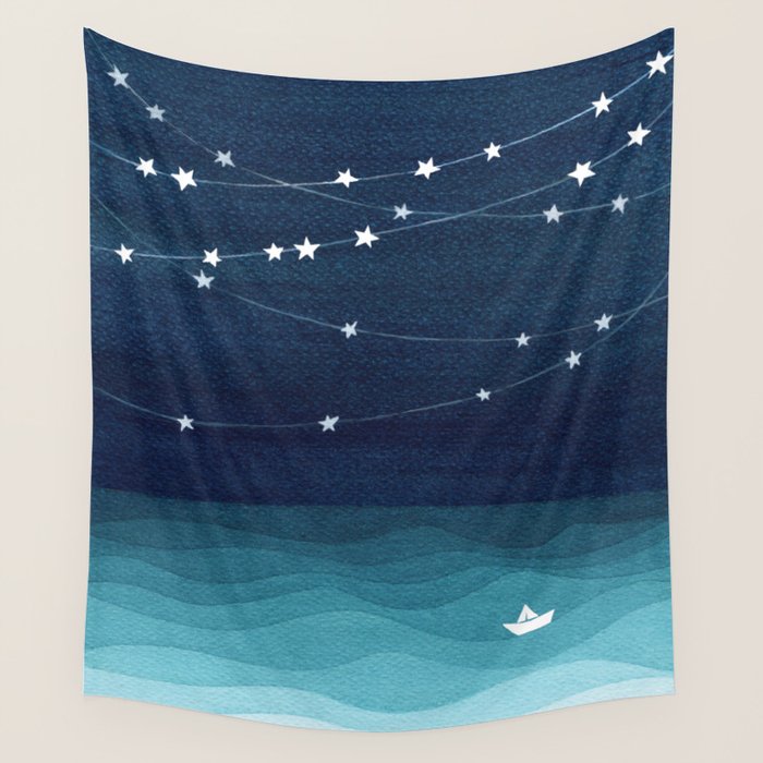 Garlands of stars, watercolor teal ocean Wall Tapestry Gallery Image 4