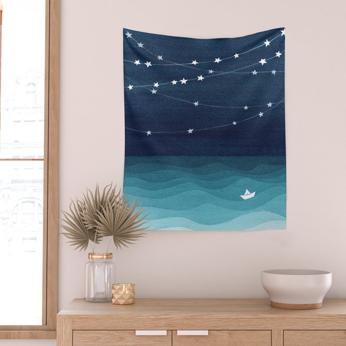 Garlands of stars, watercolor teal ocean Wall Tapestry Gallery Image 2